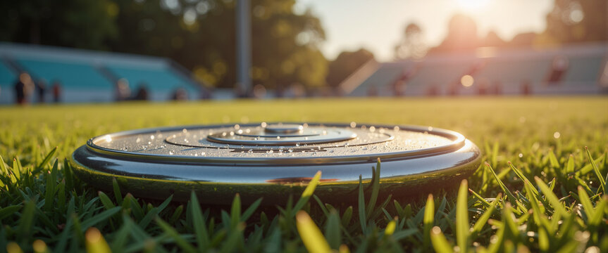 Discus resting on grass with morning dew at athletic field  