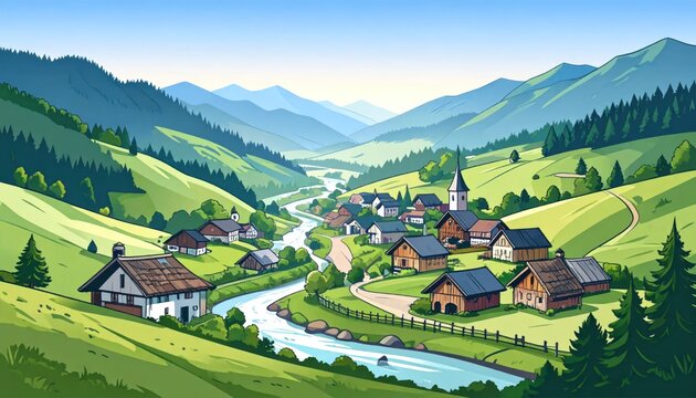 Charming cartoon illustration of a picturesque alpine village nestled in a lush green valley with a winding river and towering mountains under a clear blue sky.