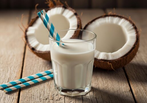 Fresh Coconut Milk in a Glass with Straws and Halved Coconuts on a Rus