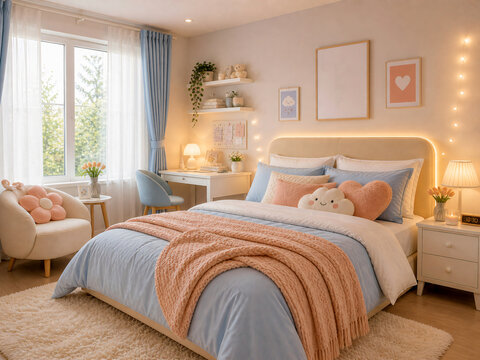 A cozy pastel-themed bedroom with baby blue and soft peach tones, a fluffy rug, simple wall art, and warm lighting for a peaceful environment