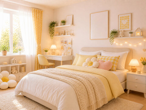 A cute pastel bedroom with soft yellow and cream tones, a cozy bed setup, small decorative plants, and soft sunlight creating a cheerful mood