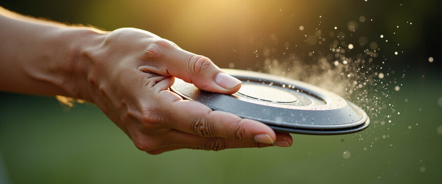 Hand releasing the discus with dust flying in outdoor setting  