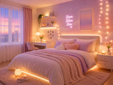 A dreamy pastel room with gradient tones of pink, purple, and cream, soft bedding, fairy lights, and a gentle, warm glow throughout the space
