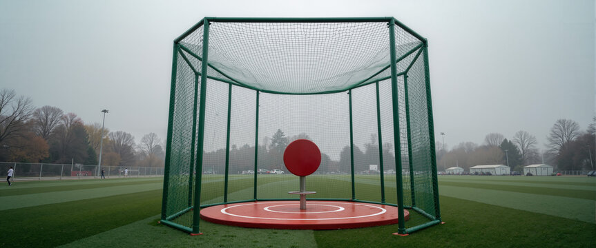 Discus throw area with red discus and green netting on foggy field  
