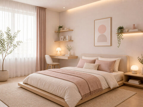 A minimalist pastel bedroom with soft beige and dusty pink colors, a low-profile bed, clean lines, and a calm, uncluttered layout