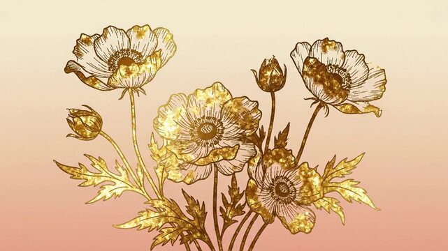 Golden poppy flowers animation, luxury floral background, with shimmering gold, glitter texture and, soft gradient motion