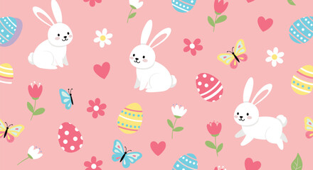 Obraz premium Cheerful Easter rabbits with colorful eggs, butterflies, hearts, daisies, tulips, festive spring holiday seamless pink background pattern design