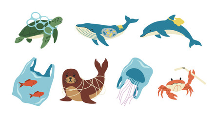 Obraz premium Ocean Plastic Pollution Illustration Set, Marine Waste Environmental Awareness Collection