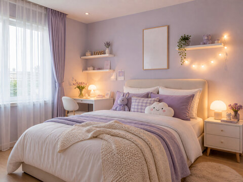 A modern-style bedroom in pastel tones, featuring light lavender walls, a comfortable bed with multiple layers of blankets, and a small bedside table.