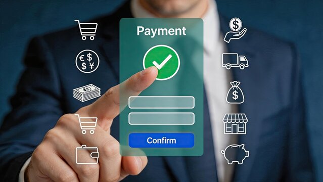 Businessman touching virtual payment screen with checkmark icon, online shopping transaction concept, secure digital banking and e-commerce checkout interface on transparent