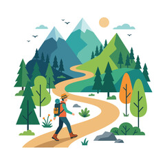 Fototapeta premium Hiker exploring scenic mountain landscape illustration