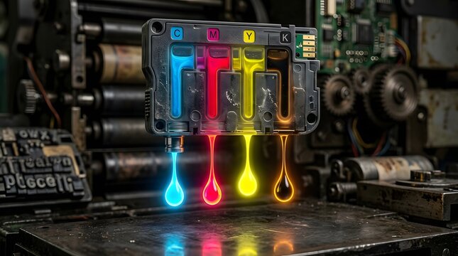 A close-up view of an inkjet printer's printhead with colorful ink droplets falling onto a metal surface in a workshop.