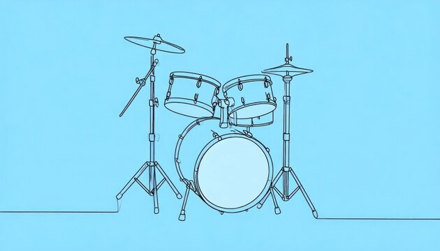 Continuous line art illustration of a classic drum kit depicting a complete musical instrument set with cymbals and drums rendered on a clean light blue background.