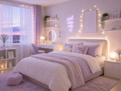 A pastel aesthetic bedroom with light purple and white tones, sheer curtains, fluffy textures, and a soft glowing ambiance for relaxation