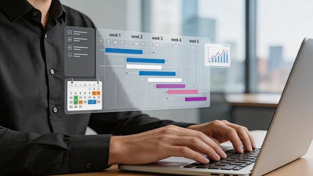 Project management gantt chart planning timeline on laptop screen, business schedule organization and productivity workflow strategy concept