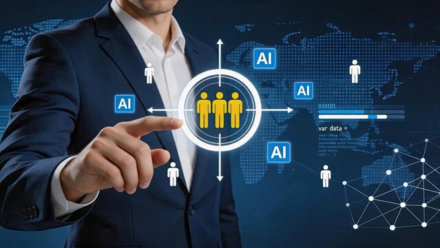 Businessman touching holographic screen showing AI network targeting group of people icons. Global data analysis, audience segmentation, marketing strategy, machine learning