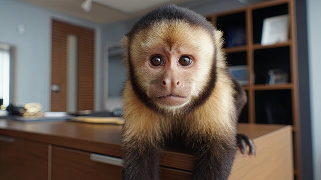 Capuchin monkey exploring a stylish modern apartment, surrounded by contemporary furniture and a bright, comfortable interior.