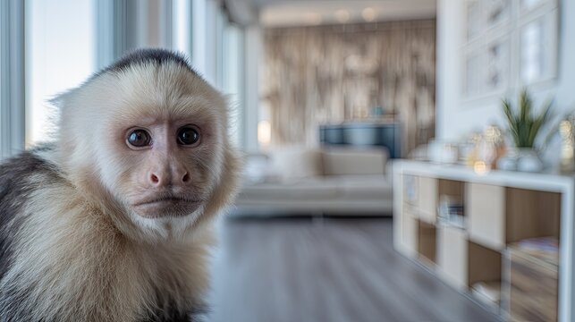 Capuchin monkey exploring a stylish modern apartment, surrounded by contemporary furniture and a bright, comfortable interior.