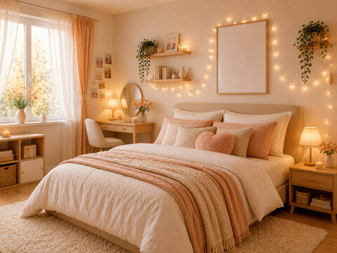 A warm pastel room with peach, beige, and ivory tones, layered bedding, soft cushions, and gentle lighting creating a cozy and inviting space
