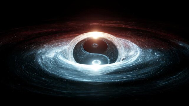 Abstract Visualization of Cosmic Yin and Yang Symbol Surrounded by Swirling Particles of Light and Dark Energy in a Celestial Setting