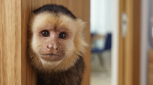 Capuchin monkey exploring a stylish modern apartment, surrounded by contemporary furniture and a bright, comfortable interior.