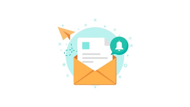 4K animation of Email Notification Icon With Envelope, Letter, Paper Plane and Notification Bell for Digital Communication.