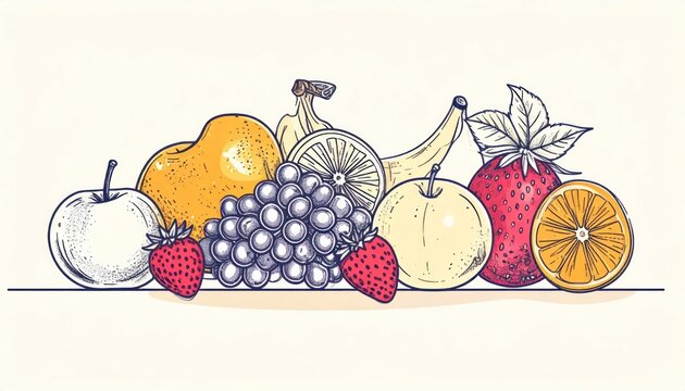 Delicious vintage hand-drawn fruit medley illustration with apple pear bananas grapes strawberries lemon and orange slices against a bright background
