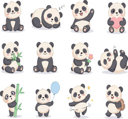Obraz premium cute panda bear character set with daily activities and expressions