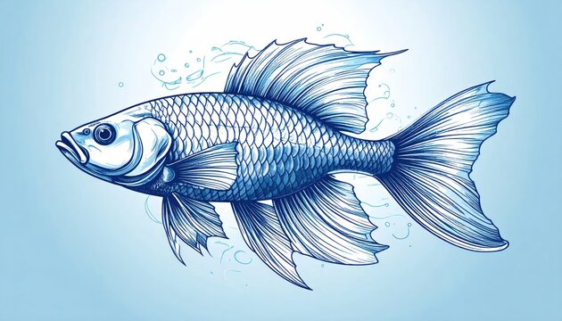 Detailed blue fish illustration with flowing fins swimming gracefully in a serene aquatic environment rendered in elegant line art and watercolor style