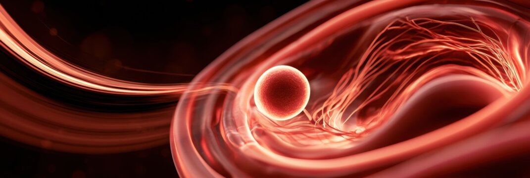 Uterine environment is prepared for embryo transfer with a receptive endometrium. An embryo approaches the implantation site in a medical concept.