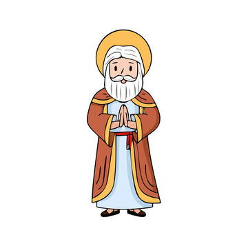 Cartoon man with halo praying in religious robe offering blessing or benediction
