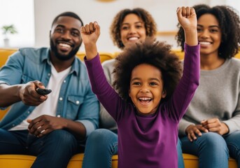 Obraz premium Happy African American Family with Young Daughter Cheering and Celebra