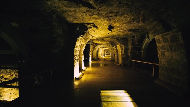 Atmospheric underground passage with stone arches leading to illuminated giant granite sarcophagus of sacred Apis bull inside Serapeum of Saqqara necropolis, Egypt.