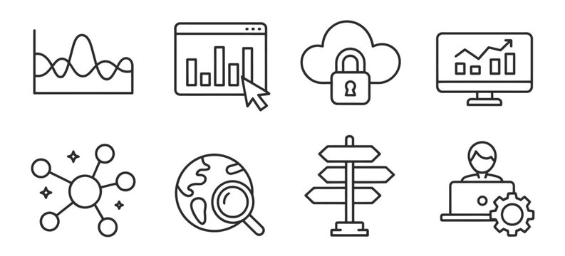Collection of thin line business icons featuring data charts cloud security global search network connections directional signage and technical support person.