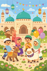 Fototapeta premium Cute Muslim Children Celebrating Eid al-Adha With Farm Animals Flat Vector Art 