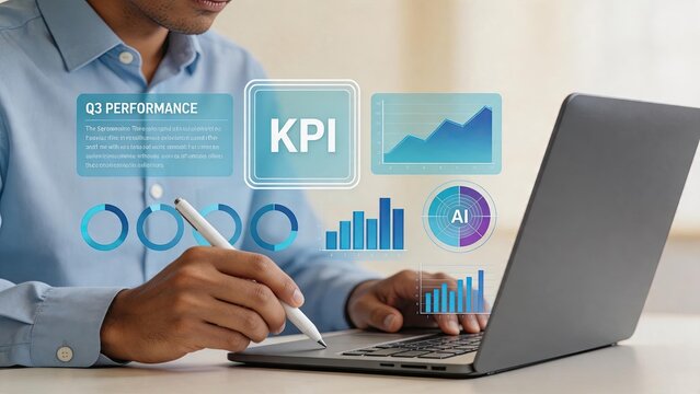 Professional analyzing Q3 performance dashboard on laptop with KPI charts graphs and AI data visualization, business growth financial report concept for strategic planning and