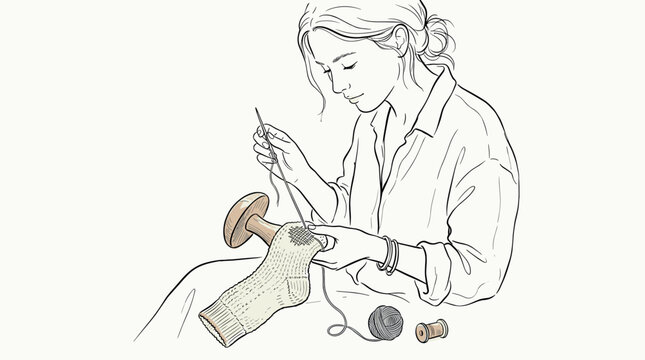 Woman darning a sock using a darning egg and needle