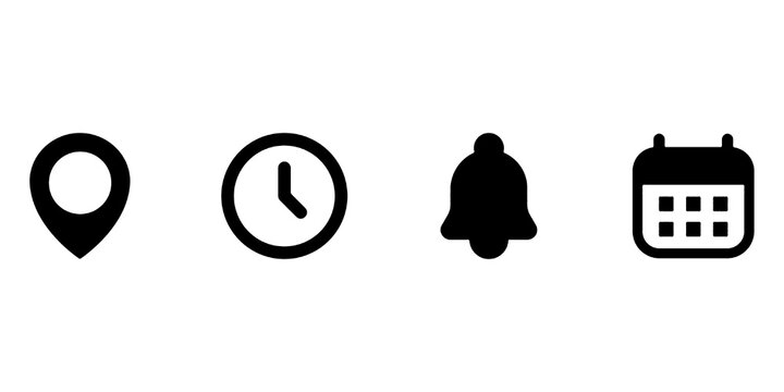 Solid clock, bell and calendar icons for event planning vector illustration. Reminder and navigation elements symbol. Schedule and date management sign. Modern interface concept.