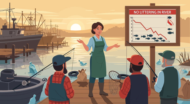 Woman teaching children fishing basics outdoors.