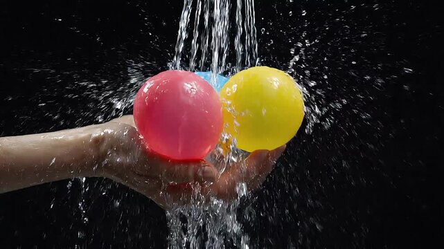 A hand holds two vibrant balls, one pink and one yellow, under falling water droplets against a dark background, creating a lively splash effect