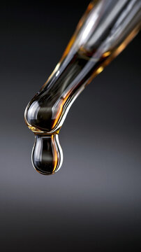 <Golden Organic Liquid Dripping from Dropper in Macro: Essential Serum for Healthcare and Cosmetic Treatments>