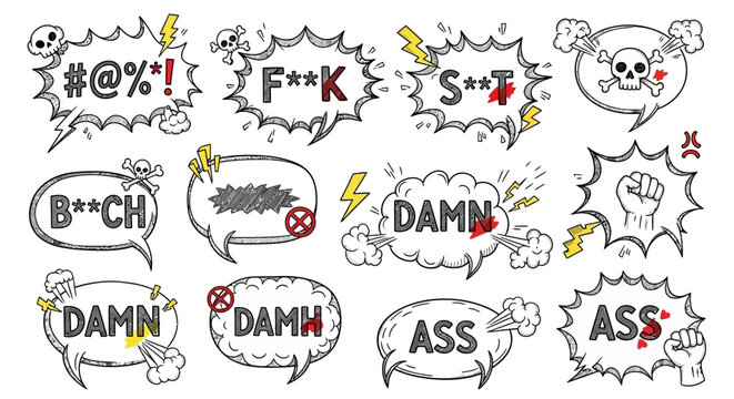 Collection of Hand Drawn Doodle Aggressive Speech Bubbles with Profanity and Censored Swear Words for Expressing Anger, Rude Emotions, and Negative Frustration in Comic Style Vector Illustrations
