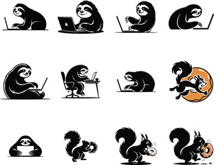 Obraz premium Collection of sloths and squirrels interacting with laptops and donuts, depicting animals working