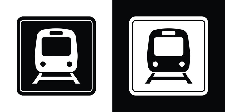 Front view of a train locomotive inside a square frame. Minimalist black and white vector icon representing a subway station or railway crossing sign.