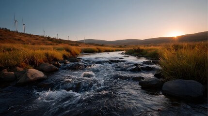 Fototapeta premium Golden hour light illuminates a flowing creek through a vast meadow backed by rolling hills and modern wind energy turbines