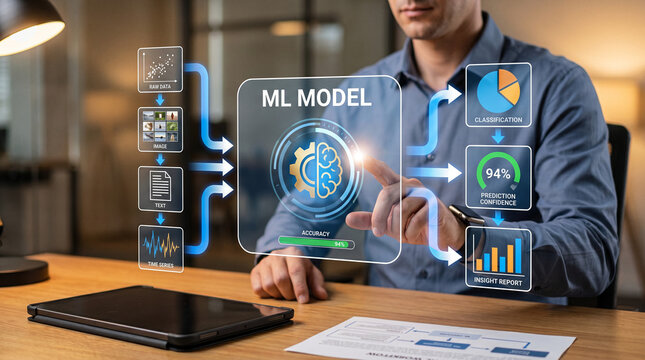 Futuristic Concept of Advanced AI Model Training with Interactive HUD. Visualizing Data Classification, Neural Network Processing and Real-Time Analytics on Digital Glass Interface