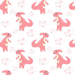 Kids seamless background with cute pink dinosaurs, organic spots, and dots. Decorative prehistoric pattern for nursery textile, wallpaper, and baby fabric design. Vector illustration on white. © Инна Музыка