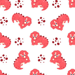 Kids seamless background with walking triceratops, organic spots, and dots. Decorative prehistoric pattern for nursery textile, wallpaper, and fabric design. Vector illustration isolated on white. © Инна Музыка