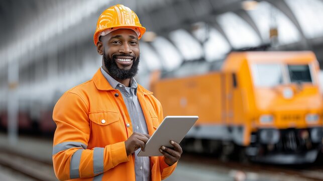 A cheerful African American railway worker stands confidently in an indoor train station