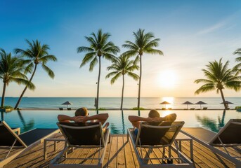 Fototapeta premium Two Men Relaxing on Sun Loungers by an Infinity Pool at a Luxury Tropi